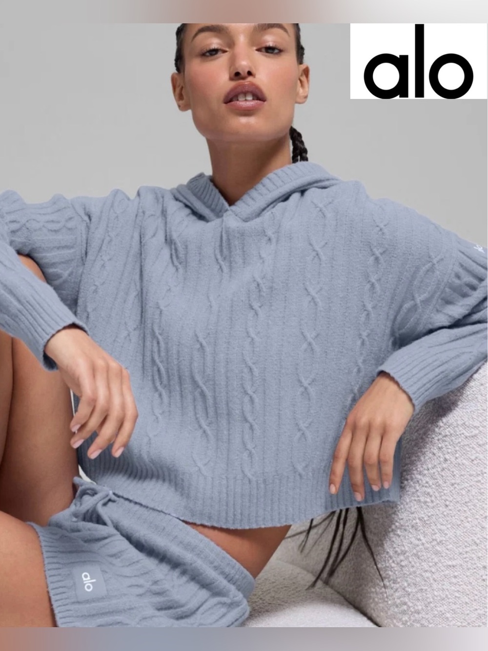 Alo Yoga Women’s Sz L Cable Knit Winter Bliss Hoodie in Winter Frost